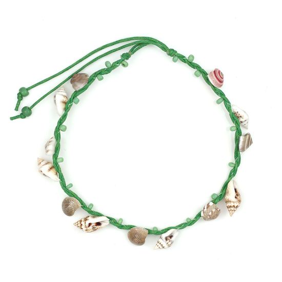 Handmade Shells with Green Beads Wax Cord Anklet