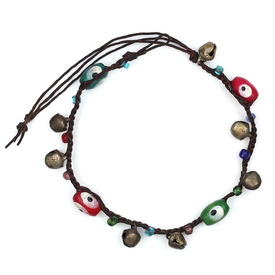 Handmade Multicoloured Wooden Beads and Bells Wax Cord Anklet