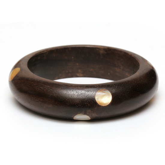 Handmade brown wooden bangle bracelet with inlaid seashells