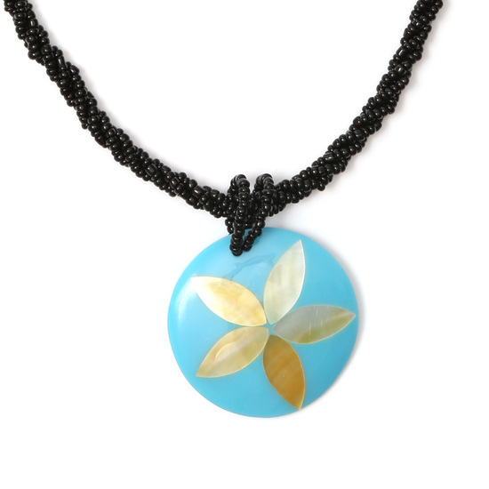Black bead necklace with turquoise pendant inlaid with floral shells