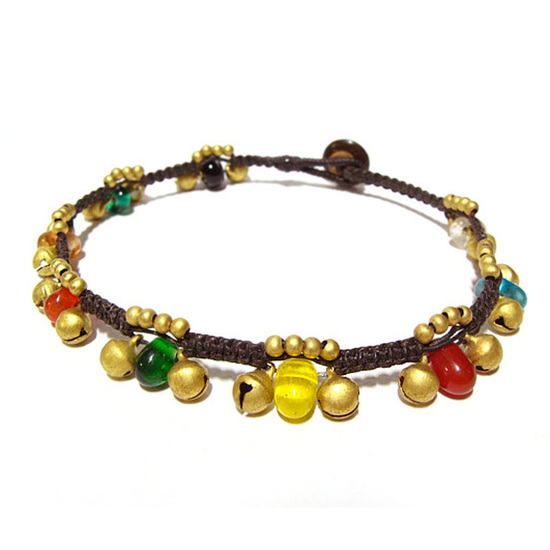 Handmade gold-tone beads and bell with multicoloured resin seeds woven with waxed cord anklet