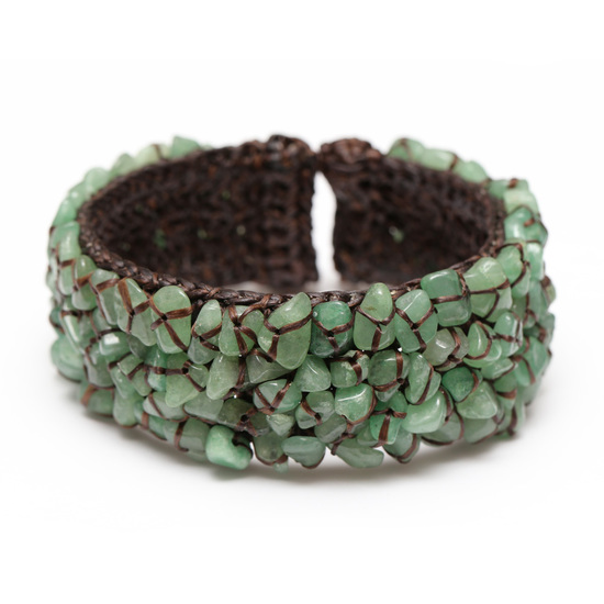 Handmade natural stone green jade stitched waxed cord cuff bangle 