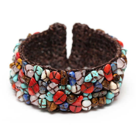 Handmade natural multicoloured stones stitched waxed cord cuff bangle 