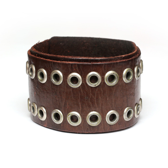 Unisex brown double layer organic leather bracelet with stainless steel holes ideal for men and women