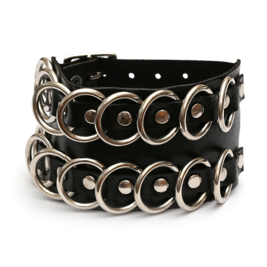 Rock 'n' Roll style black handmade leather bracelet with circle