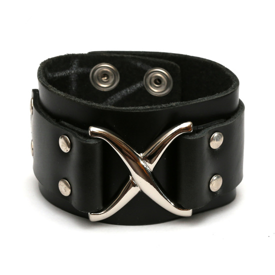 Rock style black handmade leather bracelet with...