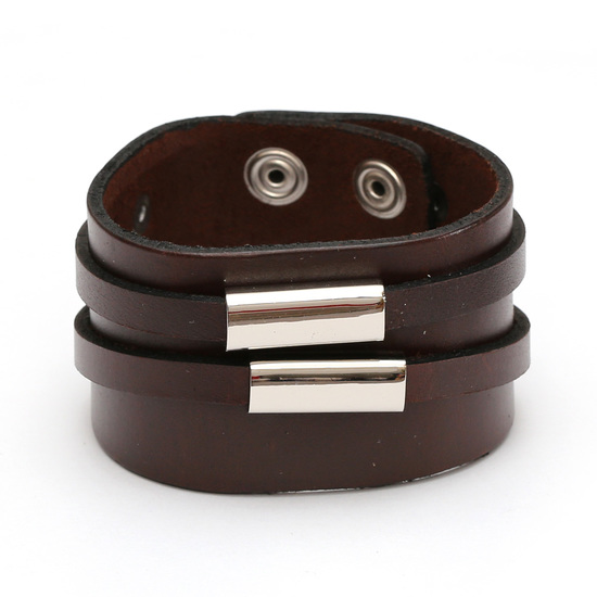 Brown organic leather bracelet with Stainless Steel twin tube