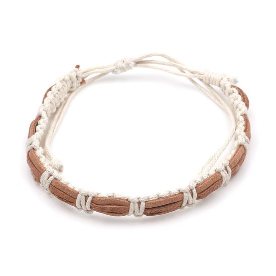 Brown Leather and White Cord Adjustable Bracelet