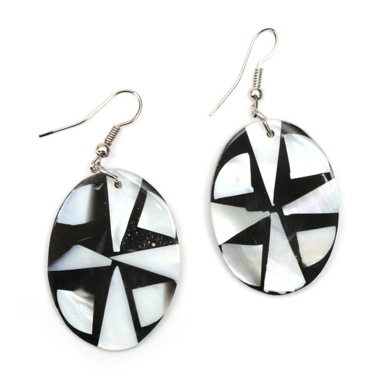 Handmade black oval resin with white triangle...