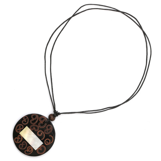 Cotton cord necklace with inlaid shell and spiral pattern pendant