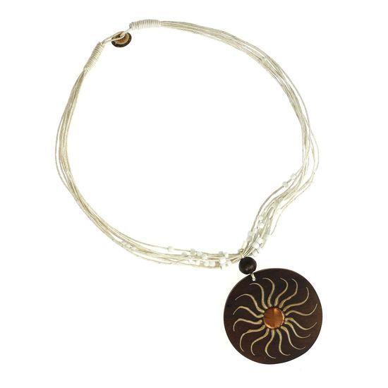Handmade Sun Motif on Brown Wooden Disc with White Bead and Cord Pendant Necklace