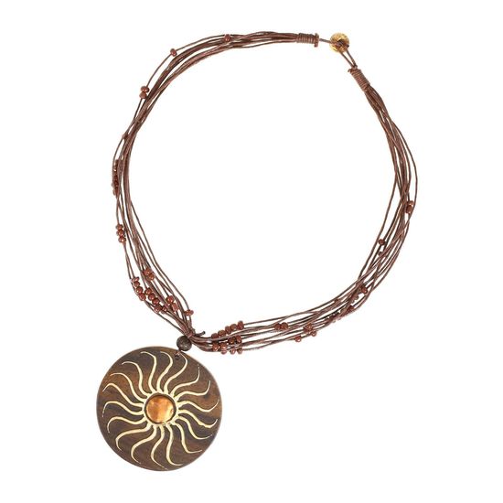 Handmade Sun Motif on Brown Wooden Disc with Bead...