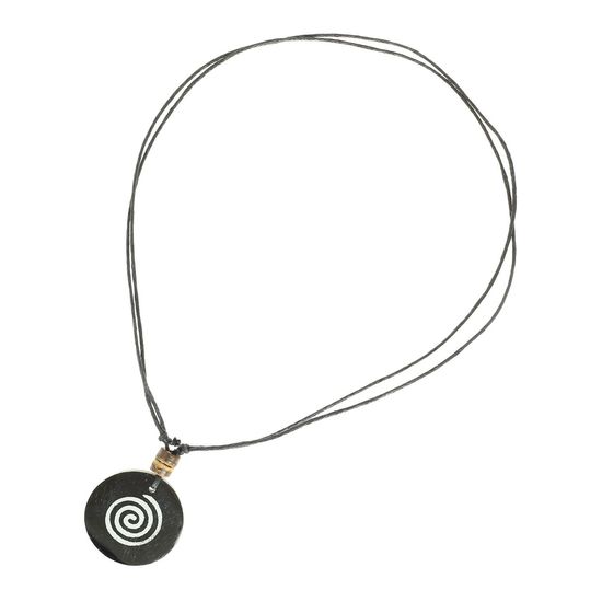 Handmade White Spiral on Black Disc Adjustable Cord Pendant Necklace