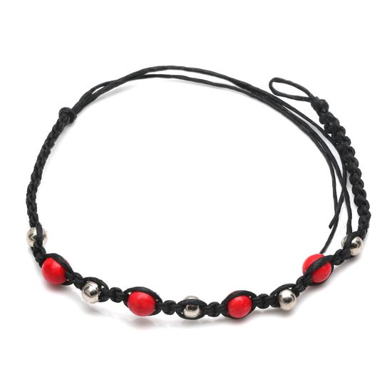 Handmade red and silver-tone beads with black braided adjustable wax cord bracelet 