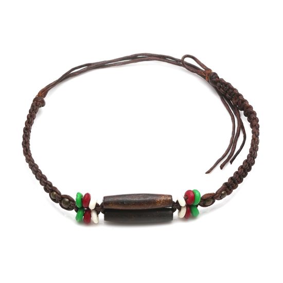 Handmade brown wooden tube beads braided adjustable wax cord bracelet 