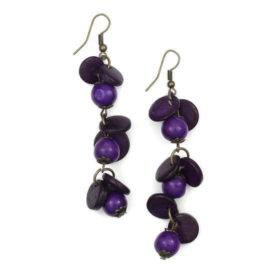Purple Coconut Shell Discs With Wooden Beads Drop Earrings