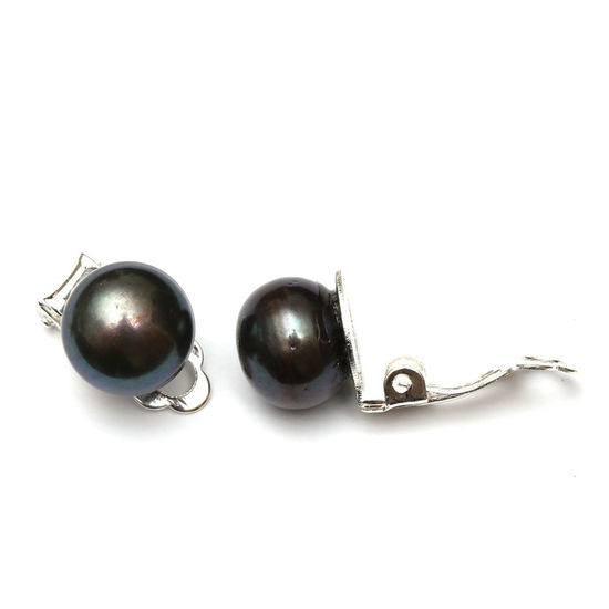 Black peacock freshwater pearl with silver plated clip-on earrings - Presented in lovely gift box