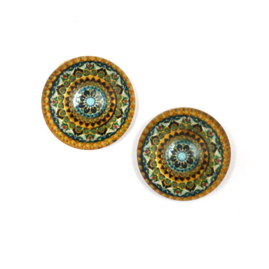 Brown geometric flower printed glass round button clip-on earrings