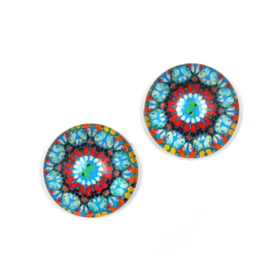 Blue and red geometric flower printed glass round...