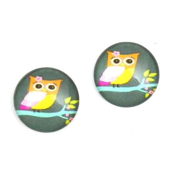 Dark slate gray owl on branch printed glass round button with gold-tone clip earrings