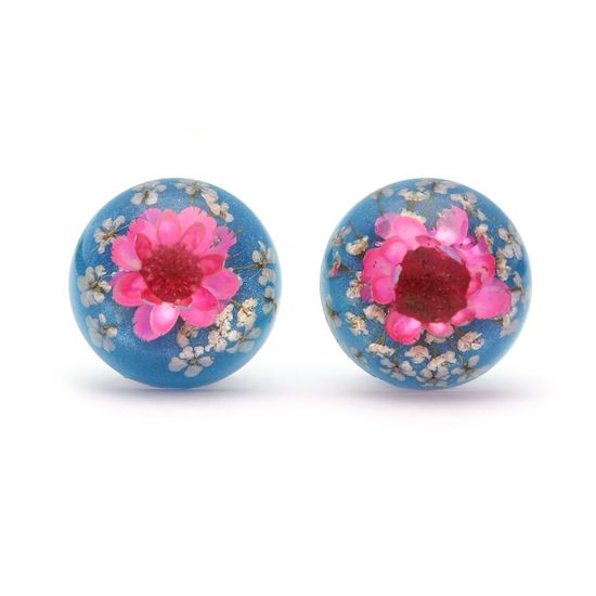 Deep Pink Real Flower Dome Resin Clip On Earrings