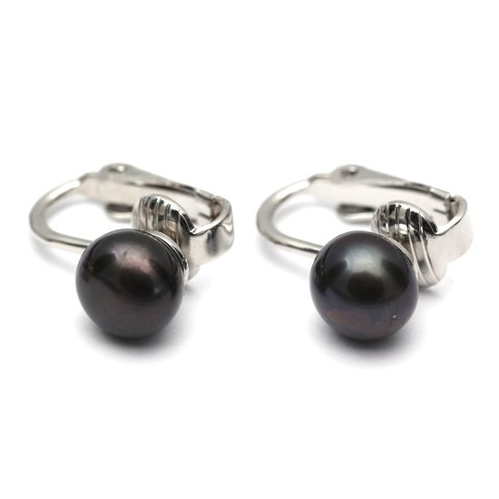 8 - 9 mm Black Freshwater Pearl White Gold Plated Clip On Earrings
