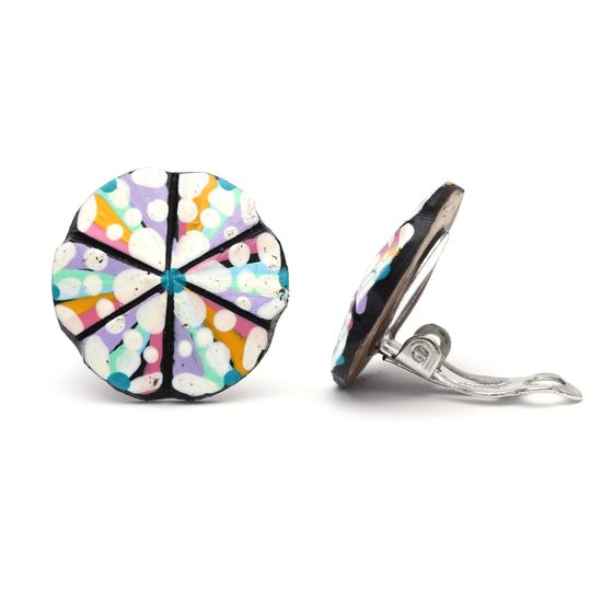 White Flower and Dots with Colourful Coconut Shell Button Clip On Earrings