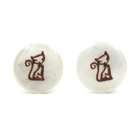 Cat Mother Of Pearl Round Button Clip On Earrings