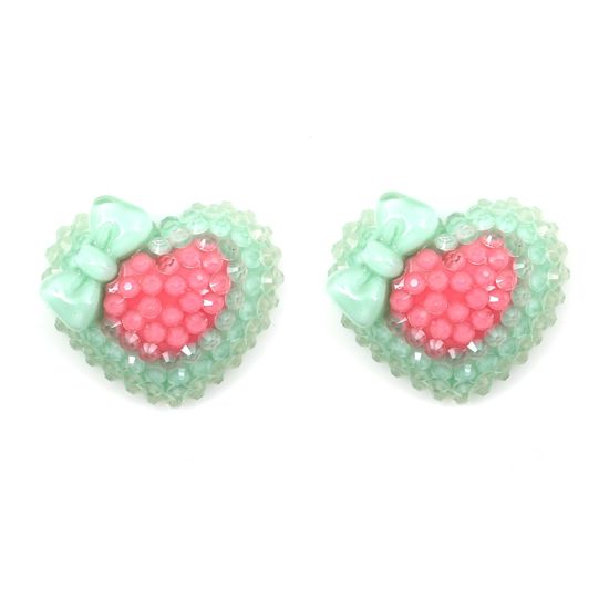Green and Pink Heart with Bow Clip On Earrings