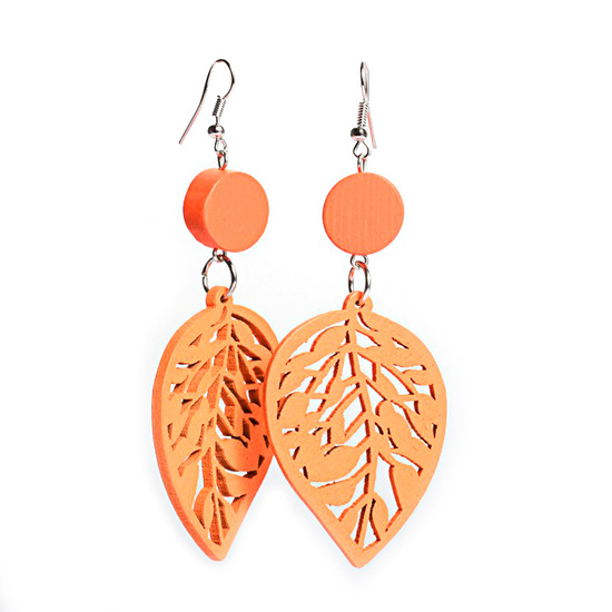 Orange cut out design leaf wooden drop earrings
