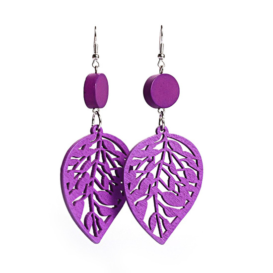 Purple cut out design leaf wooden drop earrings
