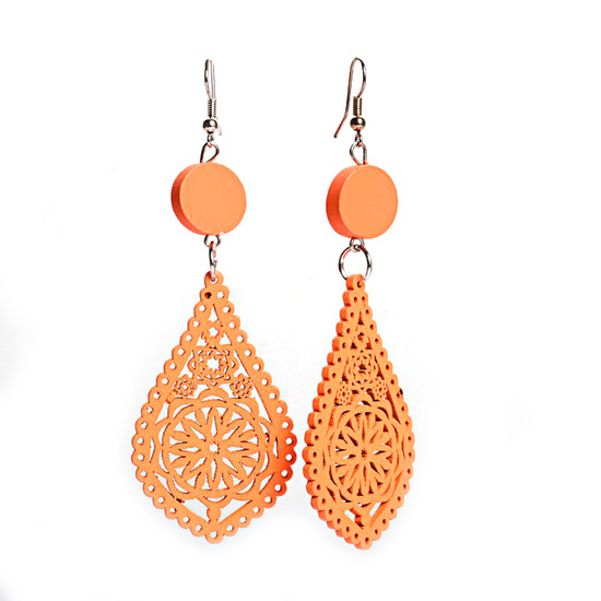 Orange filigree teardrop artistic cut out design wooden dangle earrings