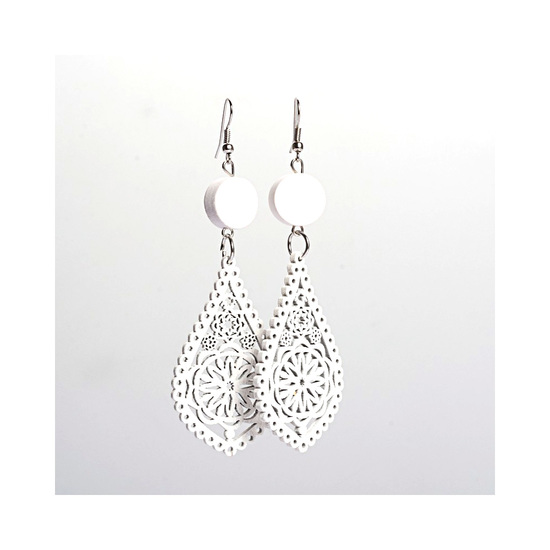White filigree teardrop artistic cut out design wooden dangle earrings