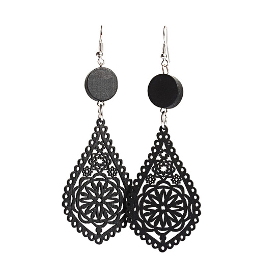 Black filigree teardrop artistic cut out design wooden dangle earrings