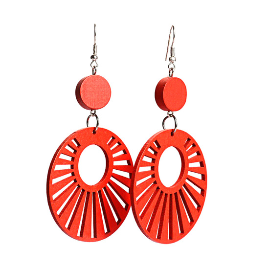 Red sunbeams cut out design wooden hoop drop earrings