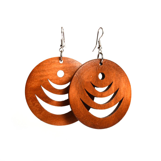 Brown layered crescent cut out design wooden hoop drop earrings