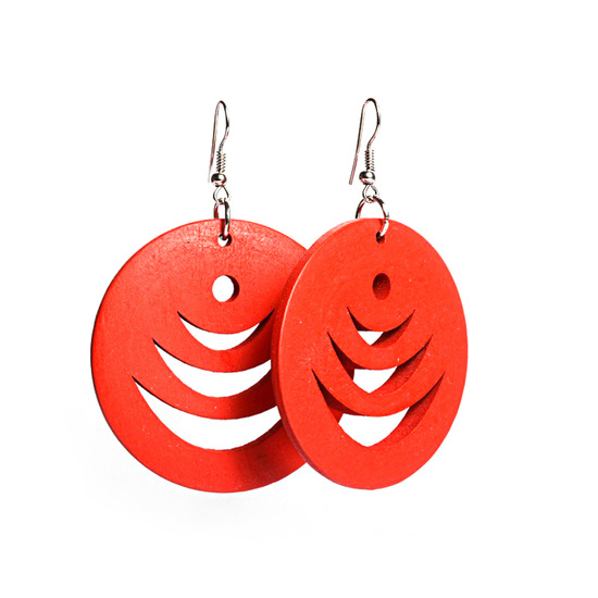 Red layered crescent cut out design wooden hoop drop earrings