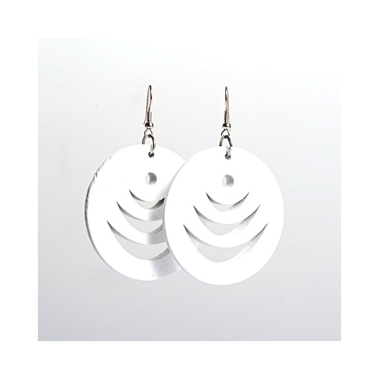 White layered crescent cut out design wooden hoop drop earrings