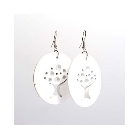 White Tree of Life cut out design wooden hoop drop earrings