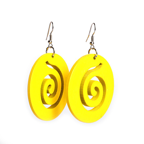 Yellow spiral cut out design wooden hoop drop earrings
