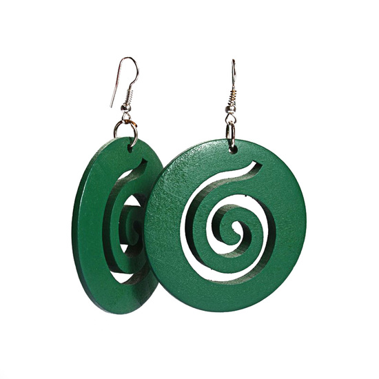 Green spiral cut out design wooden hoop drop earrings