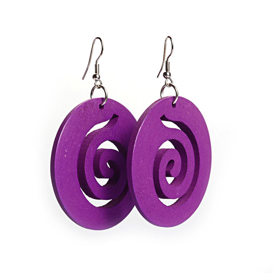 Purple spiral cut out design wooden hoop drop earrings