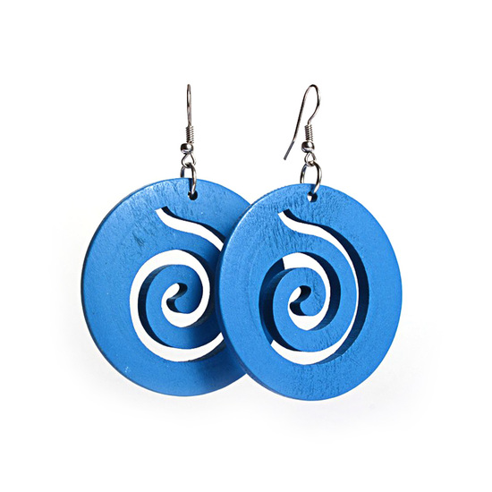 Blue spiral cut out design wooden hoop drop earrings