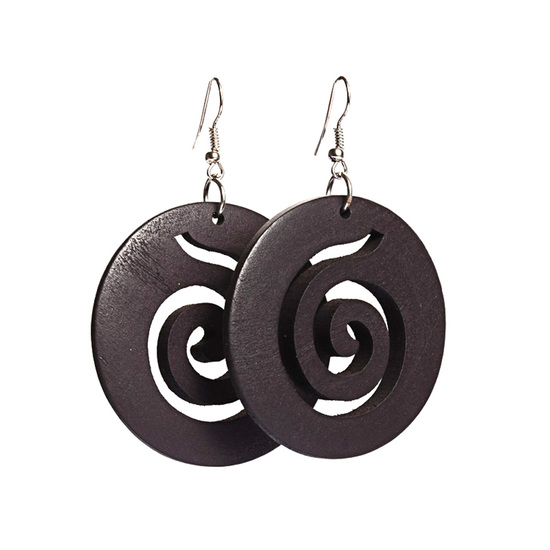 Black spiral cut out design wooden hoop drop earrings