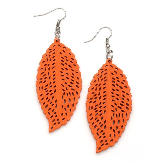 Orange Filigree Leaf Cut Out Design Wooden Drop Earrings