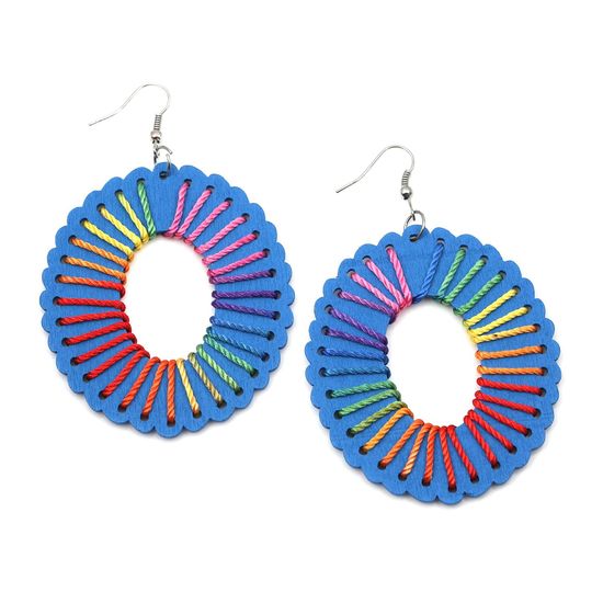 Blue Wooden Open Oval with Rainbow Thread Drop Earrings