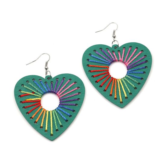 Green Wooden Heart with Rainbow Thread Drop Earrings