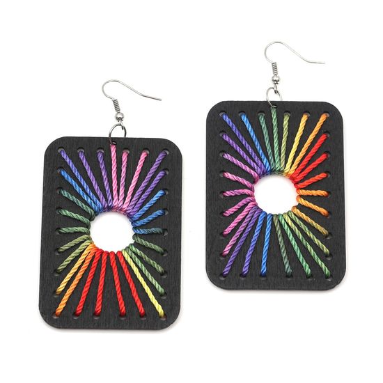 Black Wooden Rectangle with Rainbow Thread Drop Earrings