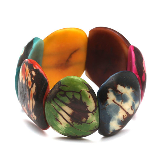 Handmade multicoloured rainbow Tagua oval shaped elastic bracelet 