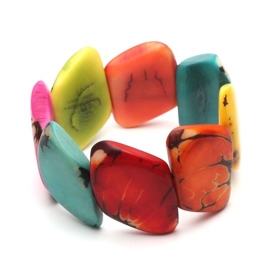 Handmade Colourful Slant Tagua with Marble Effect Stretch Bracelet